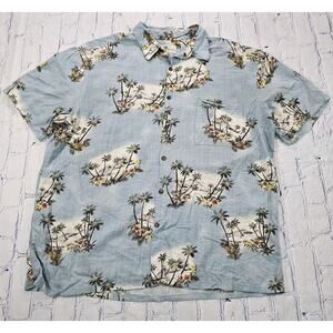 Island Shores Hawaiian Shirt Blue Palm Trees Floral VINTAGE MENS SIZE L